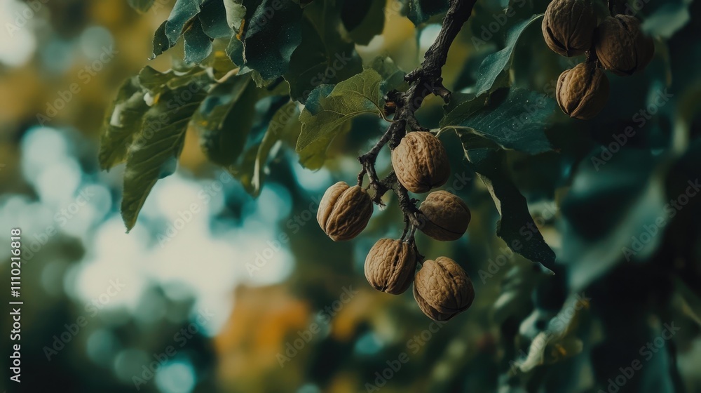 Poster walnuts hanging on tree branch surrounded by green leaves in a serene natural setting close up view