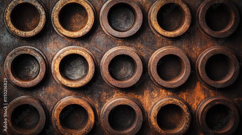 Aufkleber close up view of a textured arrangement of vintage round industrial pipes showcasing rust and wear p