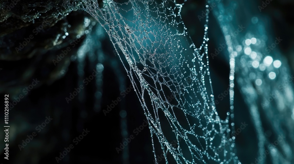 Poster intricate web with dew drops in dark background symbolizing connectivity and digital data concepts i