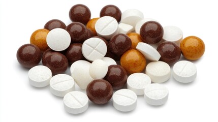 Assorted medicine tablets and capsules on a white background showcasing various shapes and colors for health and wellness concepts
