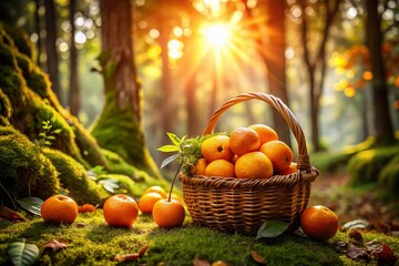 A Vibrant Basket of Fresh Oranges Nestled Amidst a Lush Forest, Showcasing the Harmony of Nature and Fresh Produce in a Captivating Fashion Photography Style