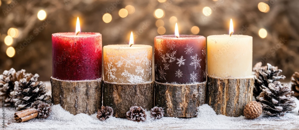 Aufkleber joyful rustic christmas candles with snow and pinecones creating a festive holiday atmosphere on woo