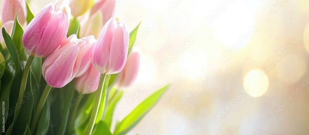 Poster bouquet of pink tulips with green leaves on a light background creating a serene and elegant atmosph