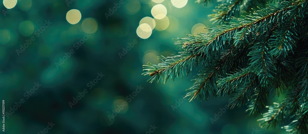 Poster spruce tree needles with blurred green background and bokeh effect creating a serene forest texture 