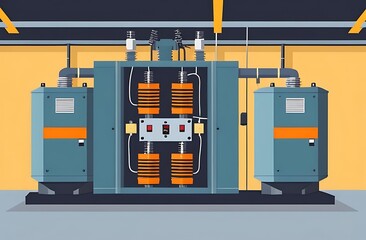 Electrical transformer and isolator in a flat design Substation equipment featuring a transformer booth