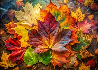 Fototapeta premium A Vibrant Double Exposure of Autumn Leaves Over a Natural Earthy Background, Showcasing the Rich Colors and Textures of Fall as They Lay Flat on the Ground in a Stunning Composition