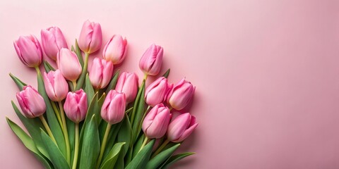 A vibrant bouquet of pink tulips arranged on a soft pastel background, showcasing the delicate beauty of springtime flowers.