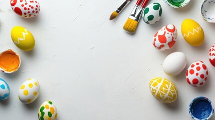 Top view of colorful Easter eggs with paints and brushes on white background perfect for seasonal crafting and holiday decorations