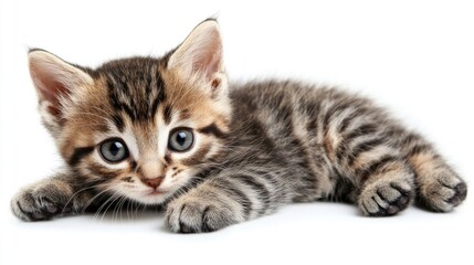 Fototapeta premium Adorable small striped kitten with captivating blue eyes resting against a soft light background, exuding charm and playfulness.