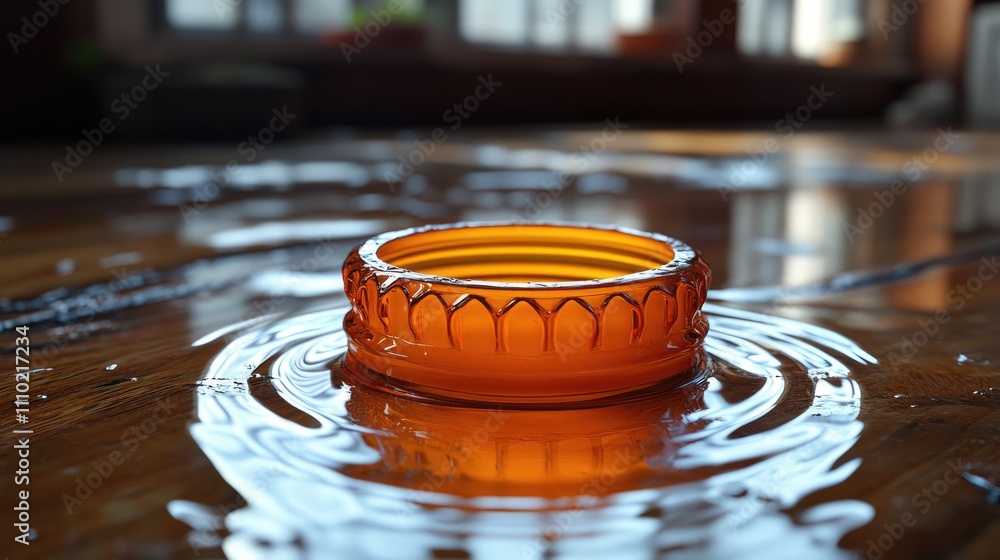 Poster orange bottle cap splashing in puddle on wooden floor with sunlight reflections creating a vibrant a