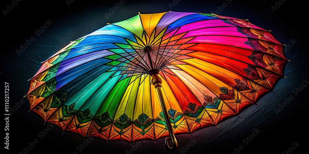 Poster a vibrant umbrella showcasing its unique design against a dark background, perfect for creative proj