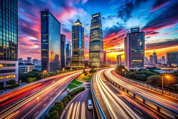 Fototapeta premium A Vibrant Urban Landscape at Dusk Featuring Illuminated Roads and Towering Buildings Captured with Long Exposure in a Bustling City Setting