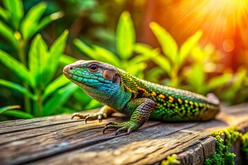 Fototapeta premium A Viviparous Lizard Basking on a Wooden Boardwalk in a Serene Natural Setting, Capturing the Beauty of Nature's Wildlife and the Intricacies of Reptile Behavior