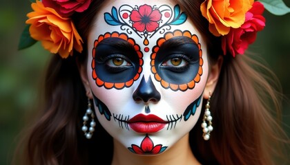 Day of the Dead Sugar Skull Makeup with Floral and Cultural Symbols.