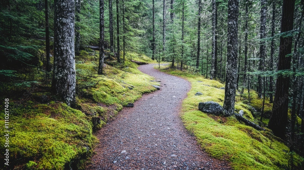 Poster serene autumn trail winding through lush moss-covered trees and rocky terrain in a tranquil forest s