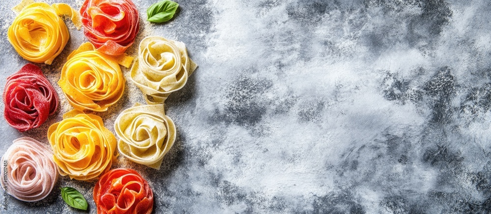Poster colorful italian pasta artfully arranged on a textured backdrop creating a unique food themed backgr