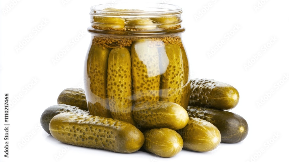 Aufkleber Glass jar of pickled cucumbers with cucumbers arranged around it on a white background showcasing culinary delights and preservation methods