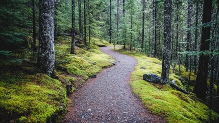 Fototapeta premium serene autumn trail winding through lush moss-covered trees and rocky terrain in a tranquil forest setting