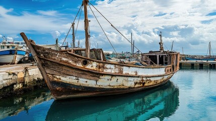 Fototapeta premium Rustic fishing boat moored in a tranquil harbor showcasing weathered wood and serene waters under a vibrant blue sky