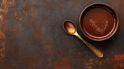 Rustic farmhouse bowl and spoon with brownie batter remnants on textured surface flat lay food styling background