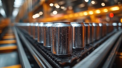 Aluminum cans moving on conveyor belt in beverage manufacturing facility showcasing industrial production and processing efficiency in food industry © AImmersive Imagery