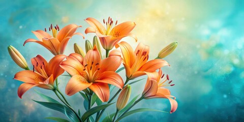 Fototapeta premium A vibrant bouquet of orange lilies with delicate petals against a soft blue and yellow background.