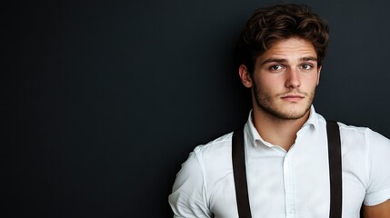 Obraz premium Profile of a confident young businessman with a surprised expression, wearing a white shirt and suspenders against a black background, ideal for presentations, banners, marketing materials.