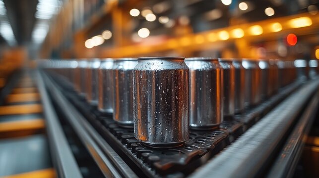 Aluminum cans moving on conveyor belt in beverage manufacturing facility showcasing industrial production and processing efficiency in food industry
