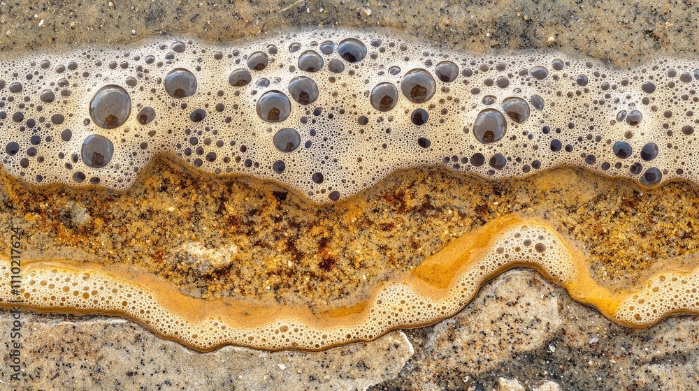 Poster Freshwater waves with bubbles and sandy texture create a natural abstract pattern in serene aquatic environment.