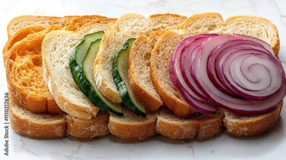 Poster assorted bread slices garnished with fresh cucumber and red onion on a light marble background