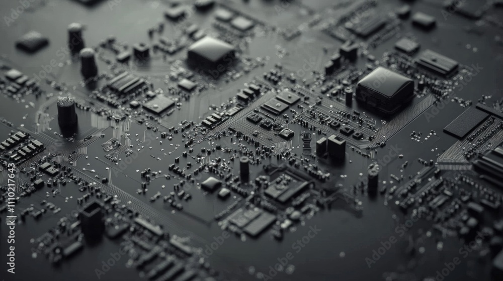 Poster close-up of computer circuit board with water droplets illustrating technology and moisture effects 