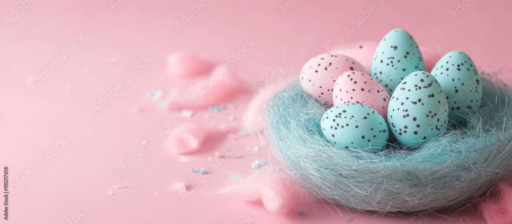 Poster easter decoration preparation with pastel colored eggs in a nest on pink background for spring festi