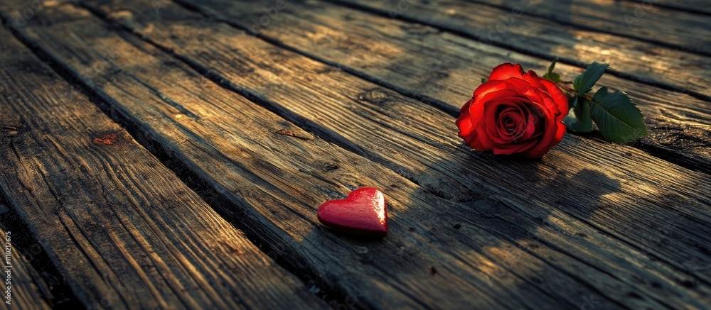 Poster red rose and heart symbol on rustic wooden surface representing love and romance in a serene setting