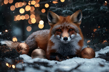 Obraz premium A fox is laying in the snow with a bunch of Christmas ornaments around it