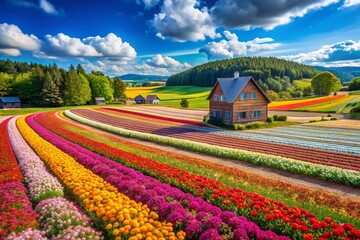 Beautiful Flower Field in the Countryside with a Vintage Village Home: A Serene Candid Photography Capture of Nature's Splendor in Rural Settings
