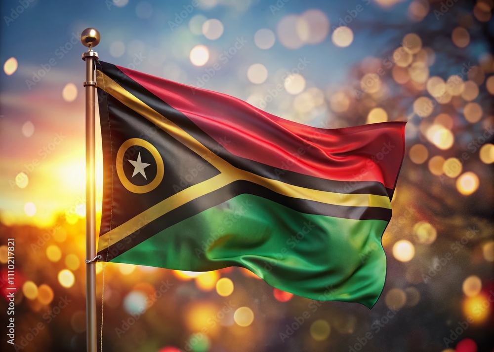 Poster beautiful national state flag of vanuatu with bokeh effect and blank space for custom text on a wide
