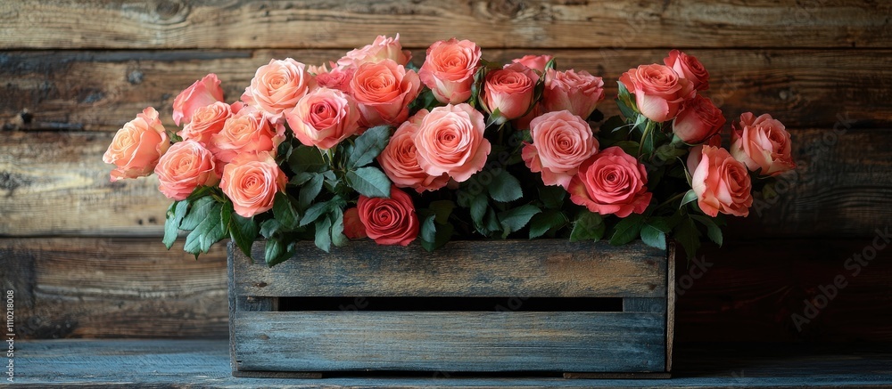 Aufkleber large bouquet of pink roses in wooden box on rustic surface perfect for postcards greetings with spa