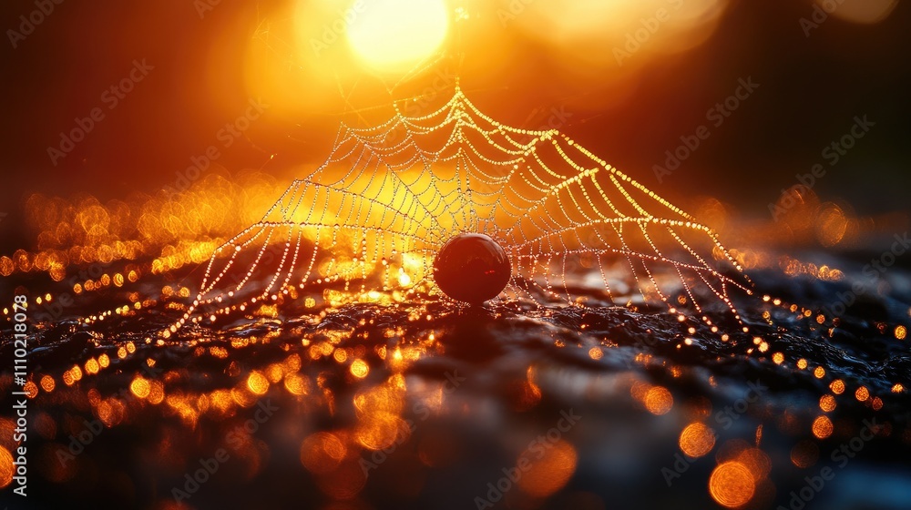 Poster sparkling spiderweb glistening in sunlight creating a beautiful abstract background with warm bokeh 