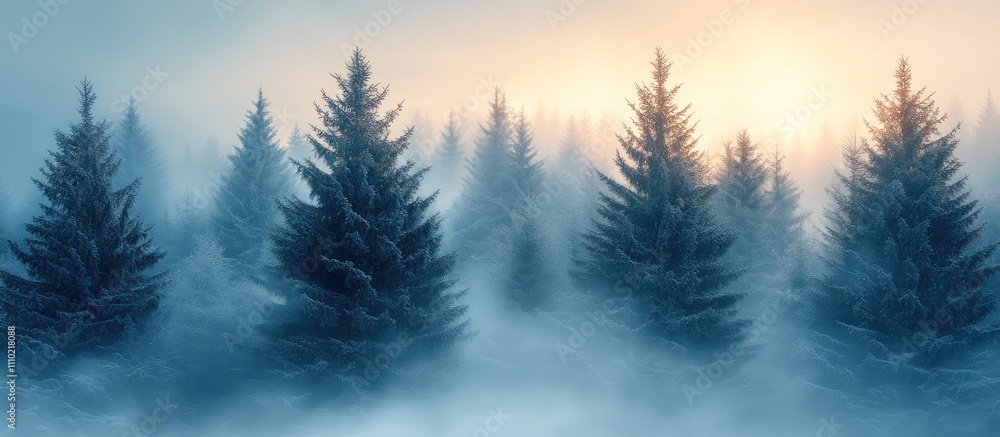 Aufkleber serene pine tree forest in winter fog with soft glowing light creating a mystical atmosphere