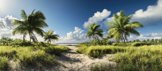 Obraz premium Lush Tropical Vegetation Framing a Serene Beach Under a Clear Blue Sky with Palm Trees and Gentle Ocean Waves