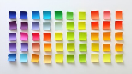 Colorful arranged sticky notes in various shades displayed on a clean white background for creative, organizational, and artistic concepts.