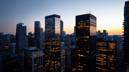 Obraz premium A city skyline at dusk with the sun setting behind the buildings