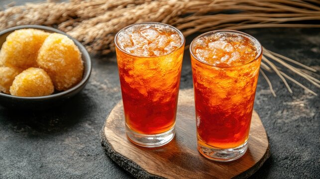 Refreshing Es Oyen drink served with traditional Indonesian snacks showcasing vibrant local culture and flavors in Tangerang Indonesia.