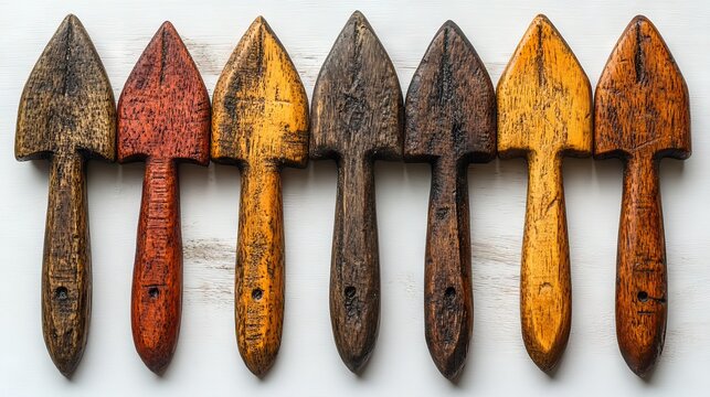 Wooden arrows in red, orange, yellow, brown, and black positioned on a white background, indicating diverse directions, rustic decor, direction, navigation, vintage style.