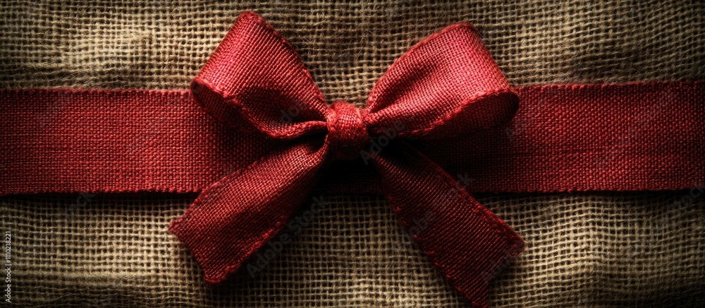 Poster elegant red ribbon bow on textured burlap fabric backdrop for gift wrapping or rustic decoration con