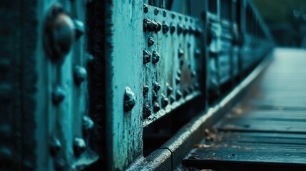 Close up of a weathered steel bridge frame showcasing intricate details and textures in a moody toned atmosphere