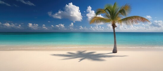 Obraz premium Serene tropical beach landscape with palm tree clear turquoise water and pristine white sand perfect for relaxation and vacation getaway