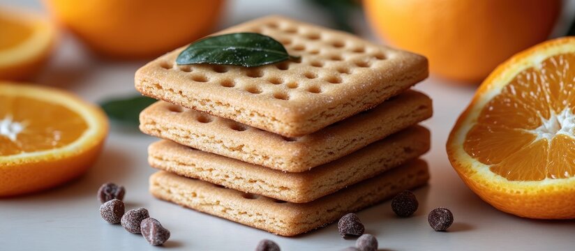 Delicious orange slices and crunchy cookies stacked on a light beige background with chocolate chips and fresh leaves