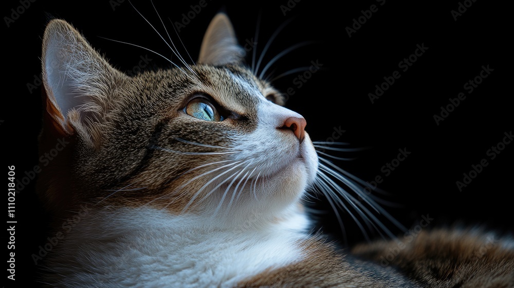 Poster mixed breed cat with brown and white fur gazing upwards in soft lighting against a dark background s