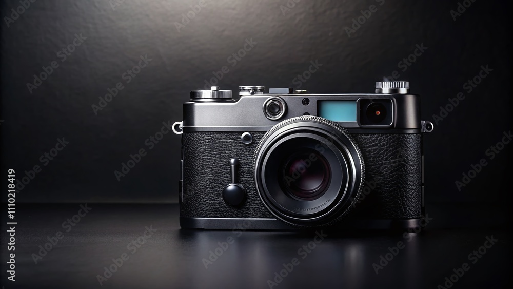 Poster black vintage photo camera in action against a dark background - loop animation with left position a